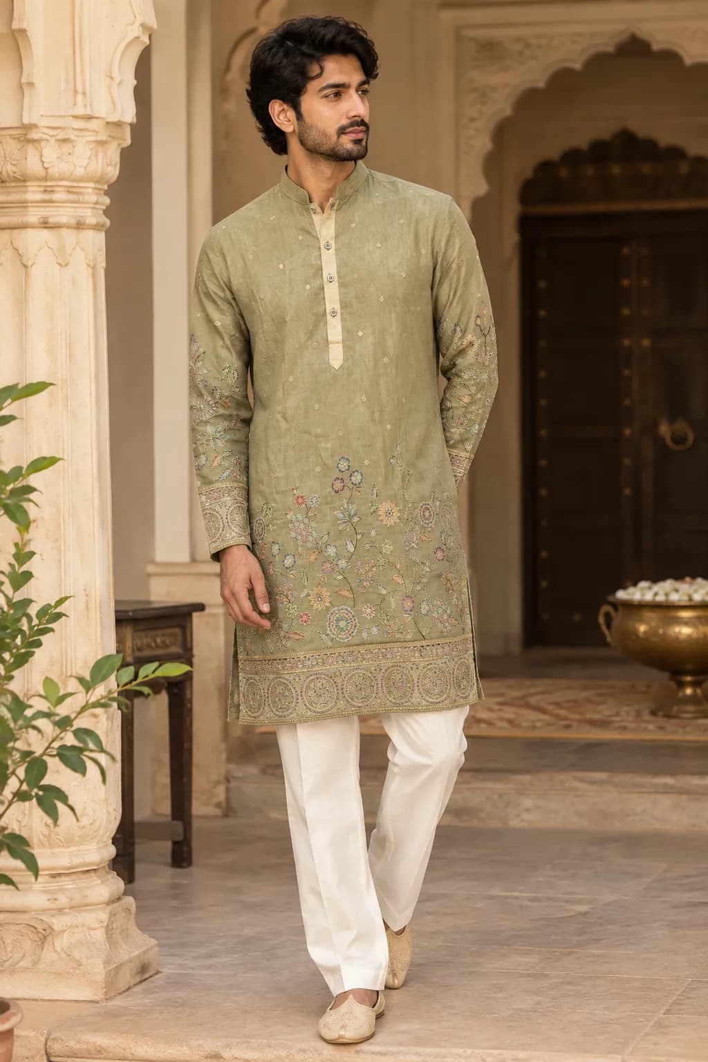 Gulzar Embroidered Kurta — Olive