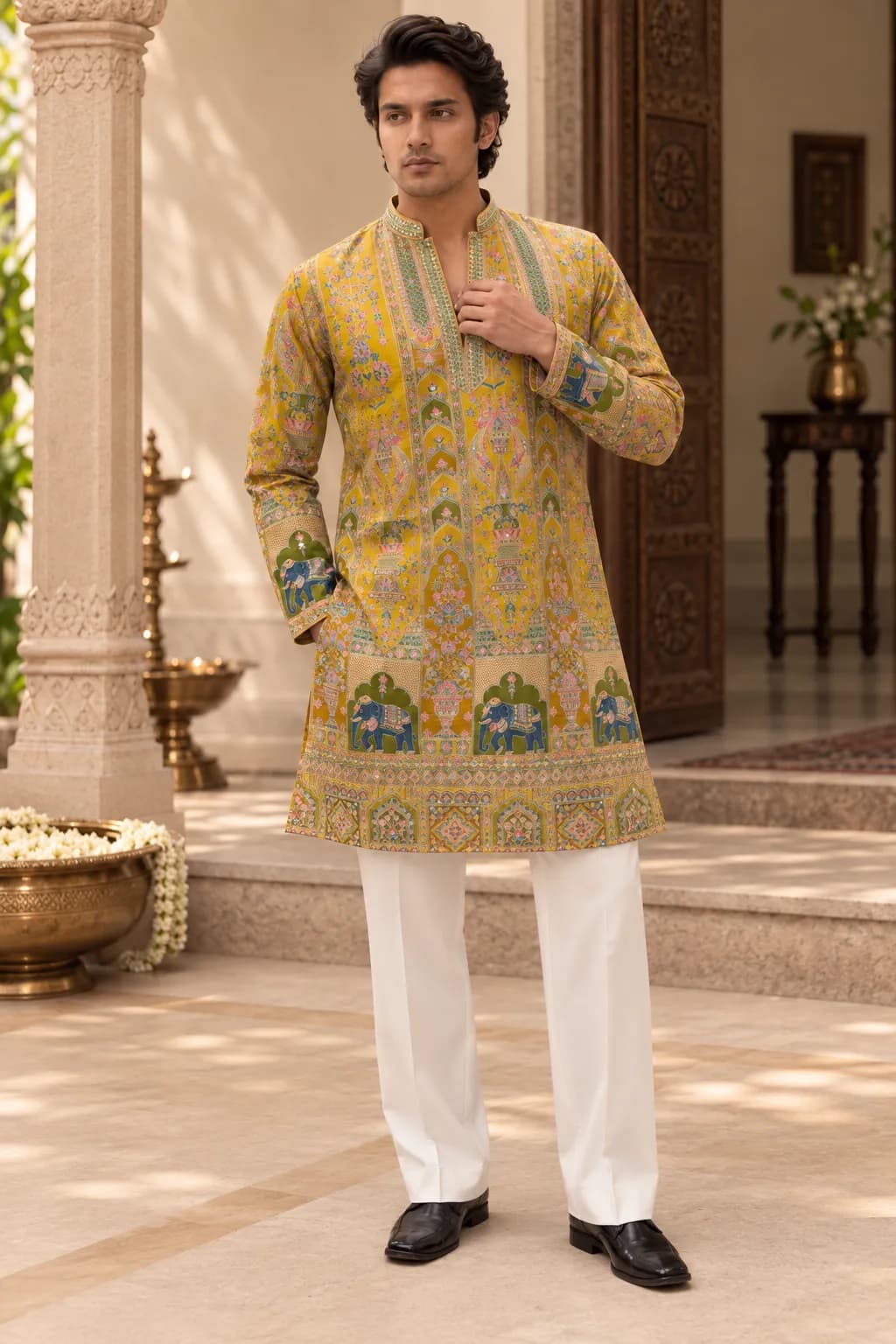 Jaipur Heritage V-Neck Kurta — Marigold