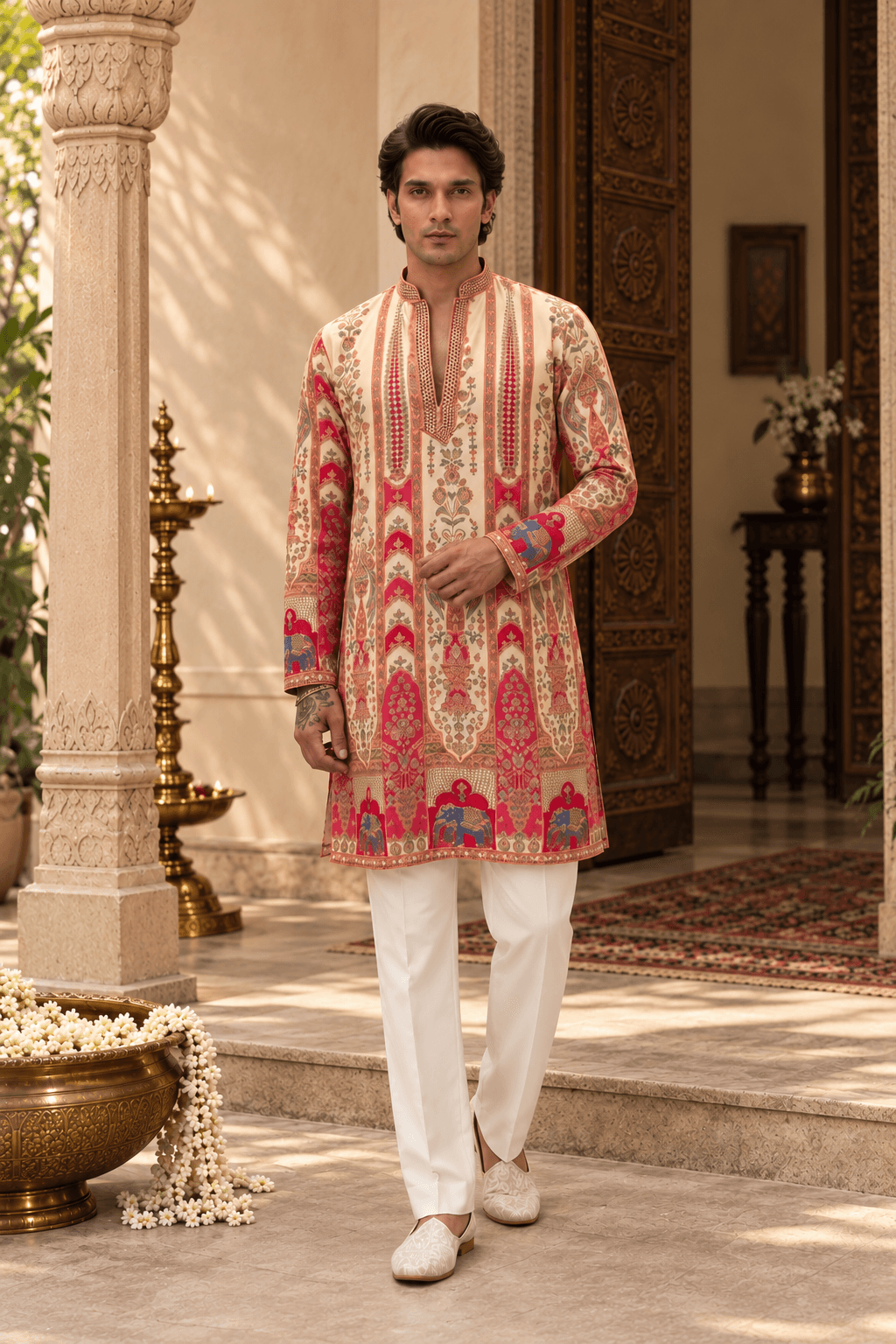 Jaipur Heritage V-Neck Kurta — Ivory Rose